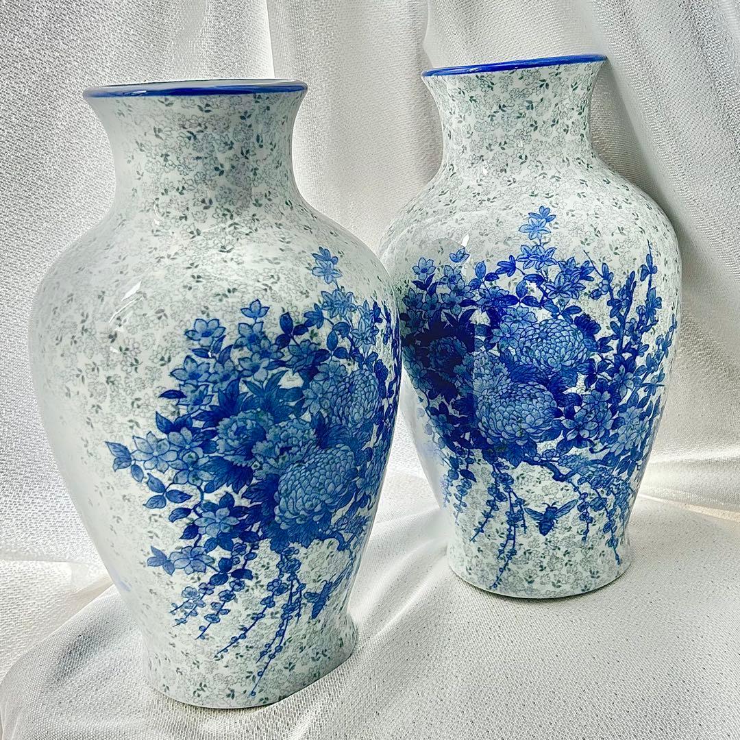 【miyuu vintage】ブルー花柄 花瓶 花器 フラワーベース 2点セット