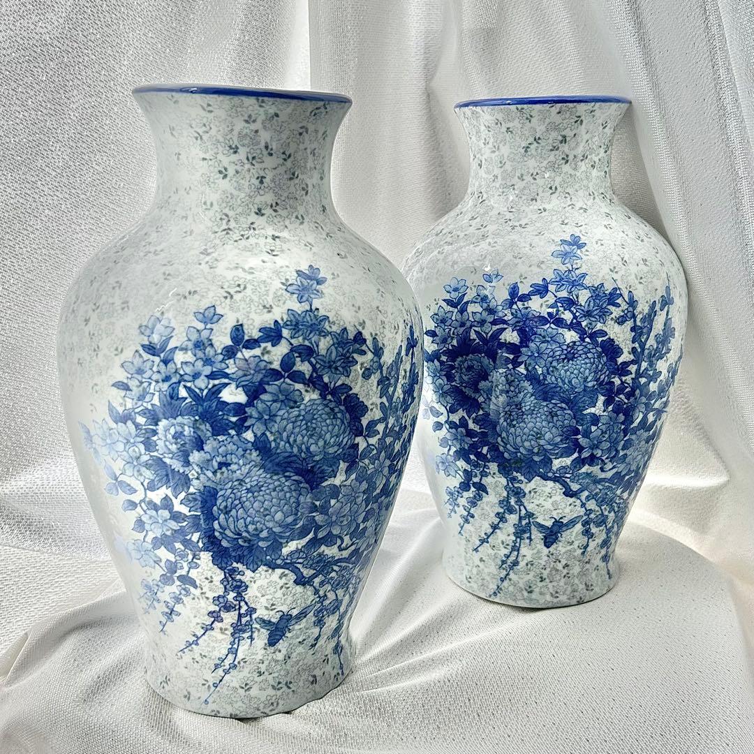 【miyuu vintage】ブルー花柄 花瓶 花器 フラワーベース 2点セット