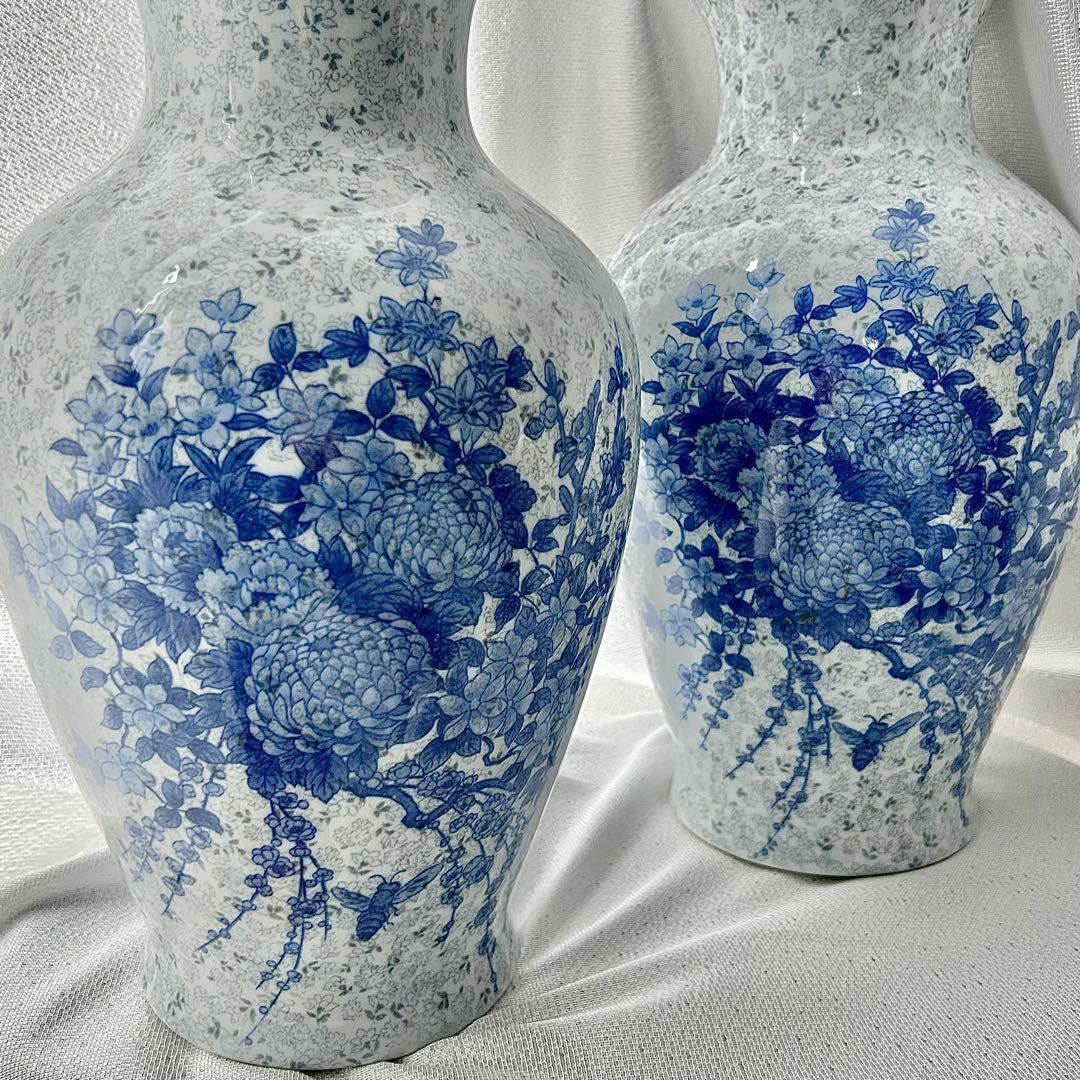 【miyuu vintage】ブルー花柄 花瓶 花器 フラワーベース 2点セット