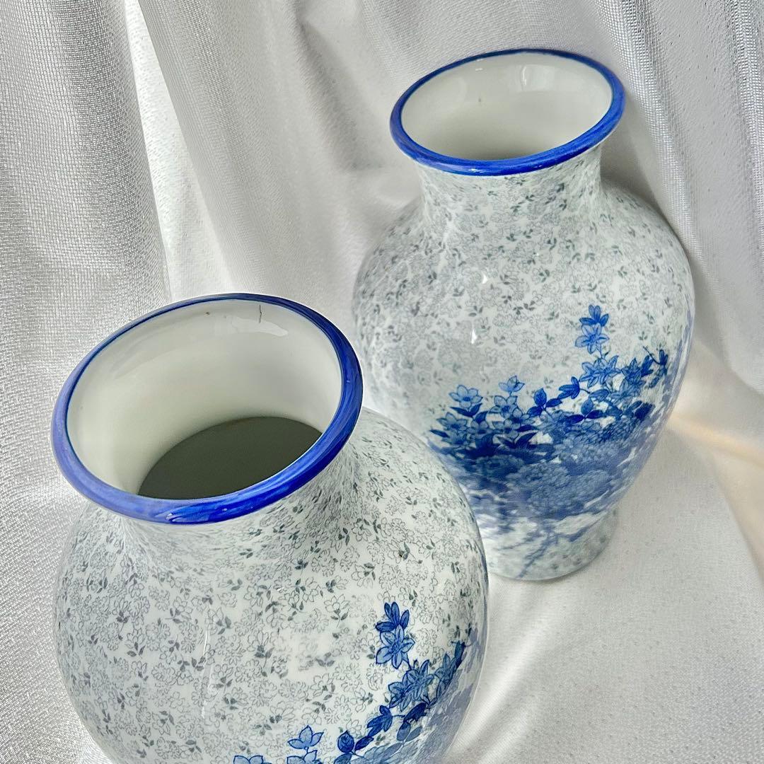 【miyuu vintage】ブルー花柄 花瓶 花器 フラワーベース 2点セット