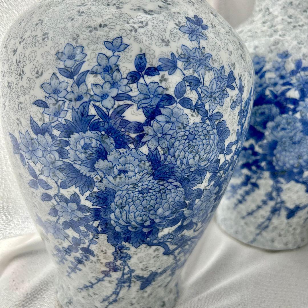 【miyuu vintage】ブルー花柄 花瓶 花器 フラワーベース 2点セット
