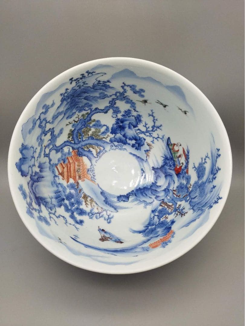 秀逸作品　十二代酒井田柿右衛門作　内染錦楼閣山水図　外錦手唐草細密絵 大鉢