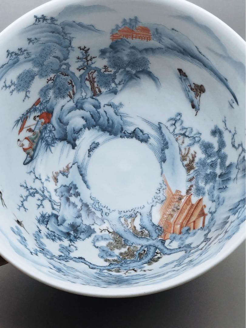 秀逸作品　十二代酒井田柿右衛門作　内染錦楼閣山水図　外錦手唐草細密絵 大鉢