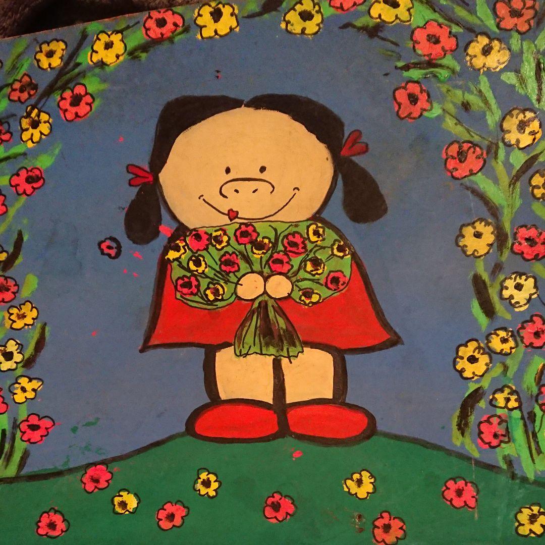 とても下手なアクリル画 幸せそうな ぶた鼻少女と花畑