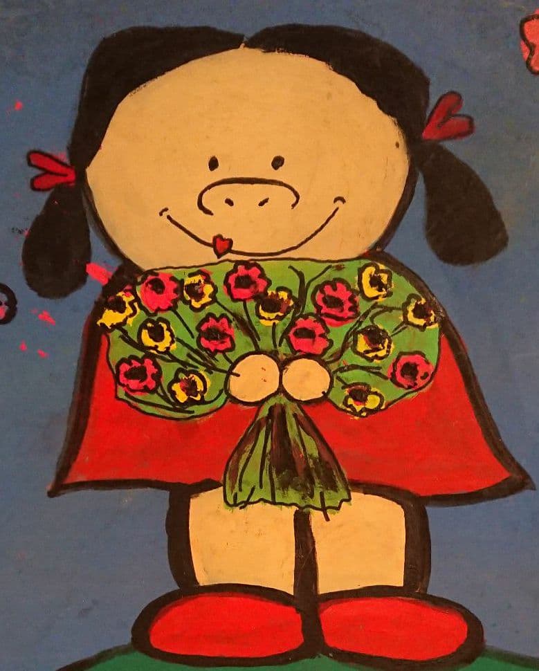 とても下手なアクリル画 幸せそうな ぶた鼻少女と花畑