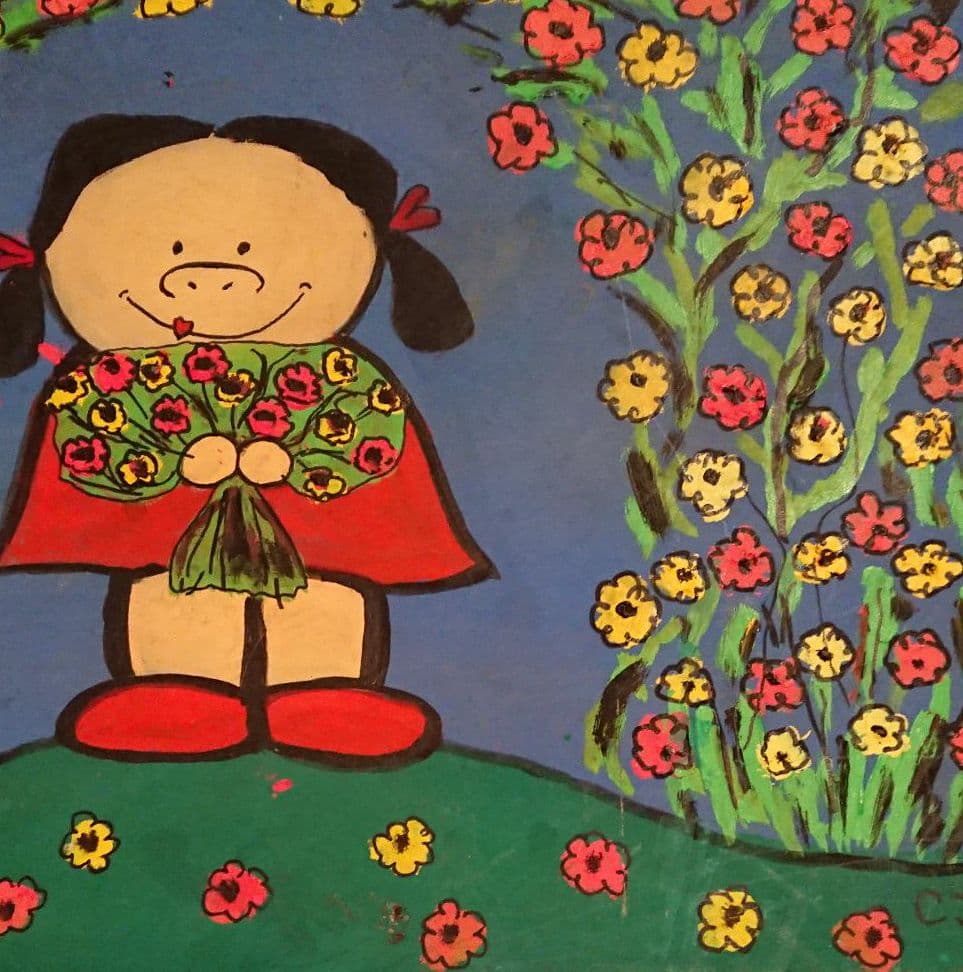 とても下手なアクリル画 幸せそうな ぶた鼻少女と花畑