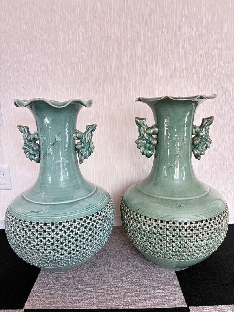 大型 和風 陶器 花瓶 2点セット 高さ65cm 口径24cm