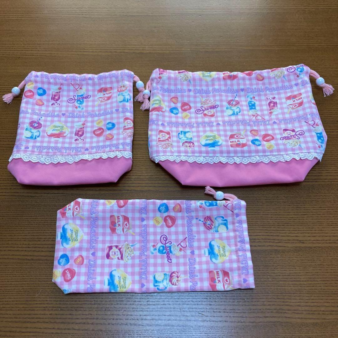 【匿名配送】入園入学6点セット　手提げ袋　靴袋　体操服袋他　飲み物柄