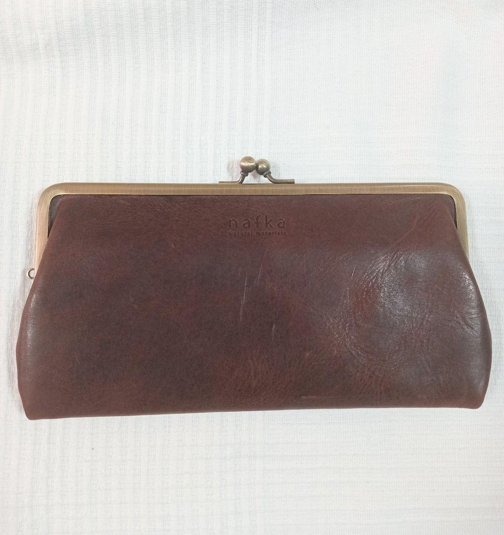 未使用 nafka がま口 天然革 レザー 長財布 ダークブラウン 軽量