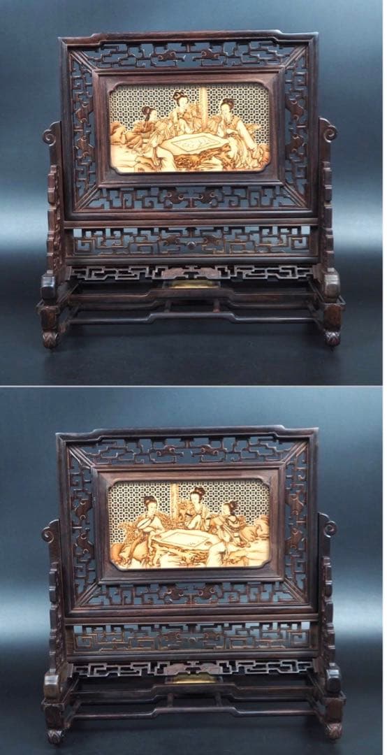 送料無料　中国古玩　唐木透かし彫り屏風置物　ｈ30×29×12.5ｃｍ