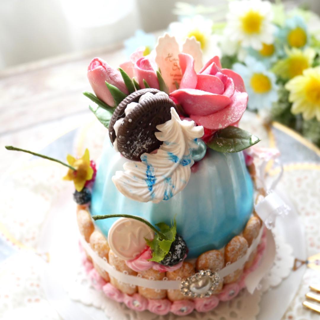 【RAMஐ*゜様】フェイクスイーツ◆水色ムース♡薔薇飾りプリンセスシャルロット◆