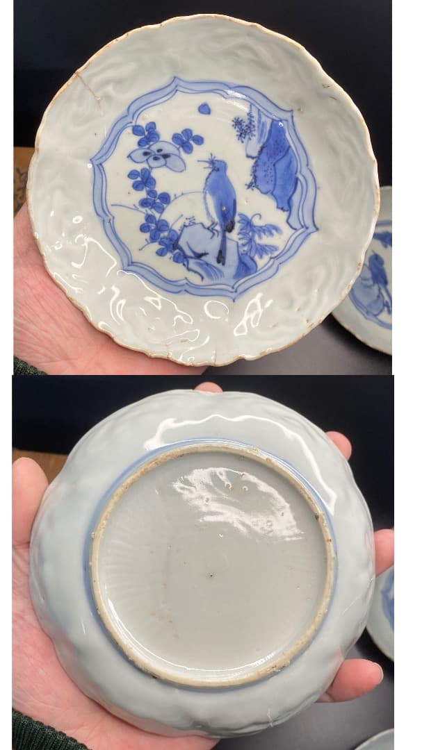 明末清初 青花 花鳥文 小皿 五客揃 箱付 中国古陶磁 染付 古玩 CL0030