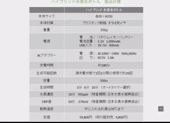 水素水振興協会認定☆水素水製造ボトル☆水素水生成器ボトル