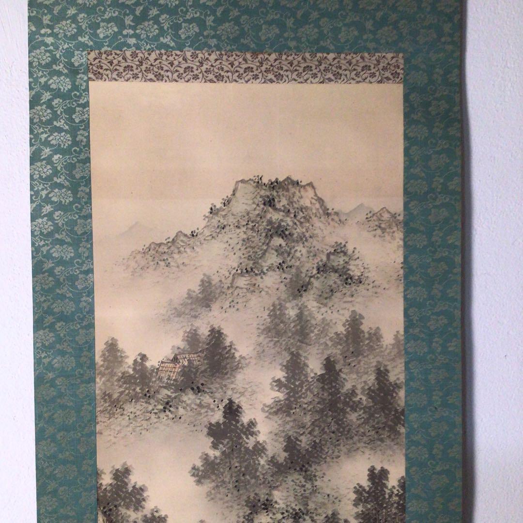No3167 掛軸　在銘　青雲　山水画　青渓白雲図　絹本　共箱　古美術　送料無料