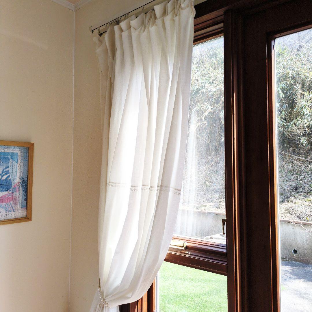 ナチュラルコットン♪バラのチュールレース付きカーテン横160cm縦200cm2枚