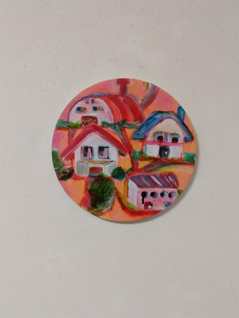 【原画】さまざまな家達 手書き アクリル画 丸形キャンバス（直径30cm）