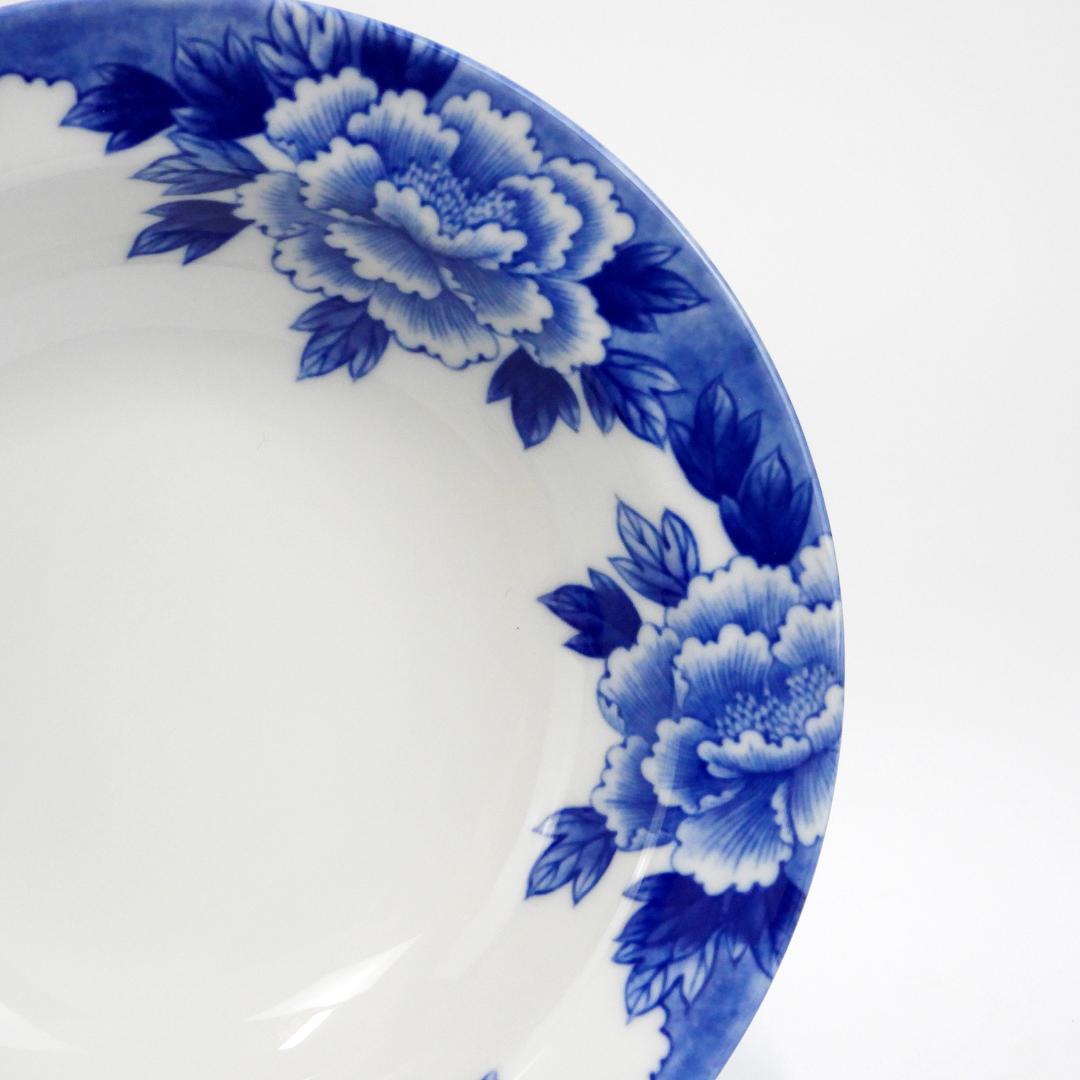 深川製磁 藍ぼたん 深皿揃 5客青い花柄 陶器製楕円皿