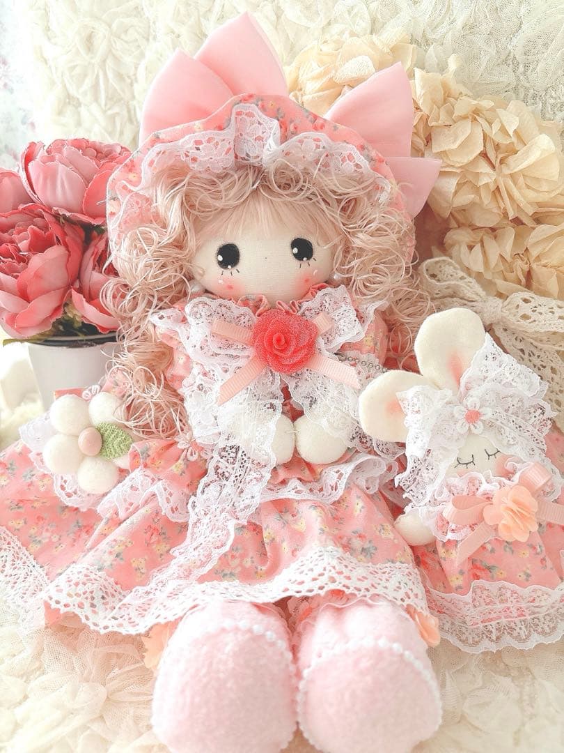 カントリードール♡ハンドメイド♡お人形♡お花柄♡大きいリボン♡ピンク♡