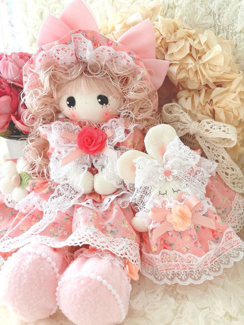カントリードール♡ハンドメイド♡お人形♡お花柄♡大きいリボン♡ピンク♡