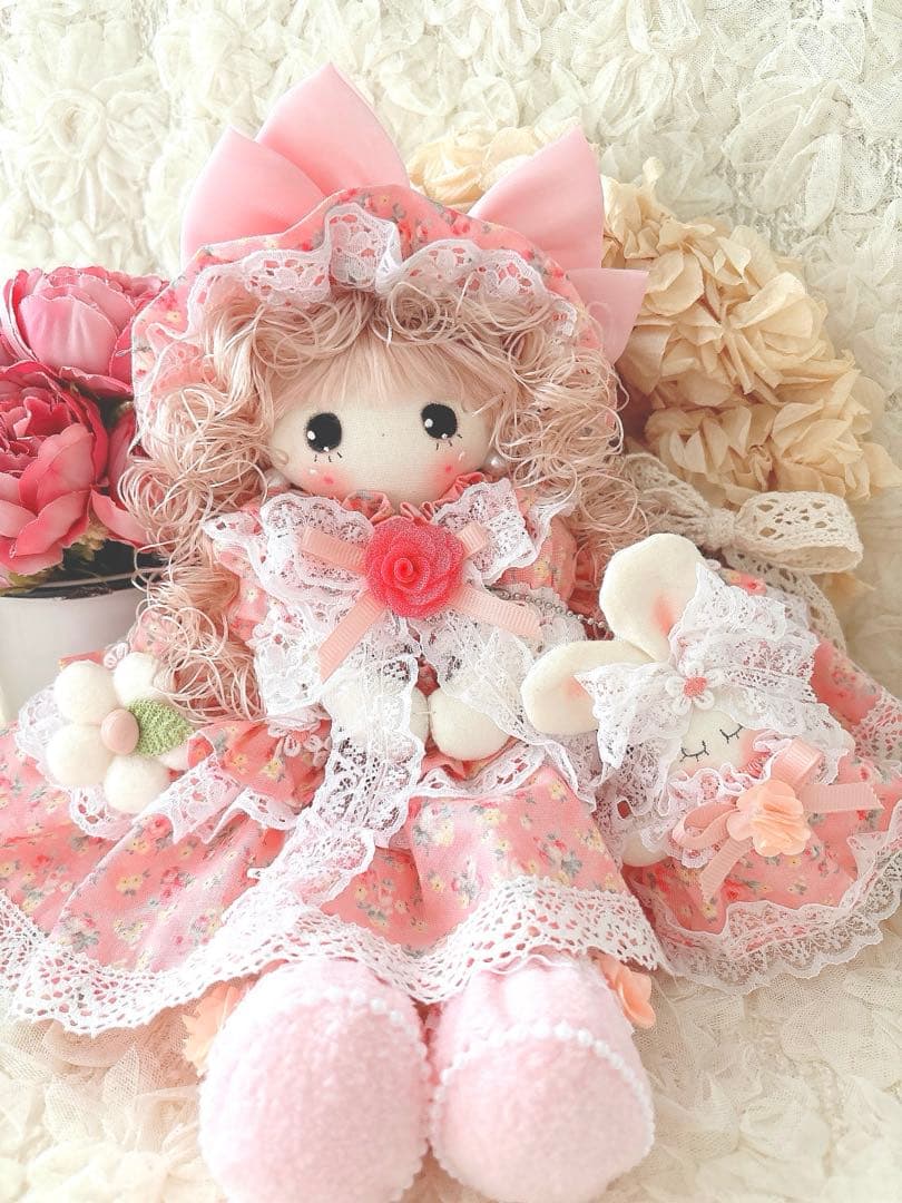 カントリードール♡ハンドメイド♡お人形♡お花柄♡大きいリボン♡ピンク♡