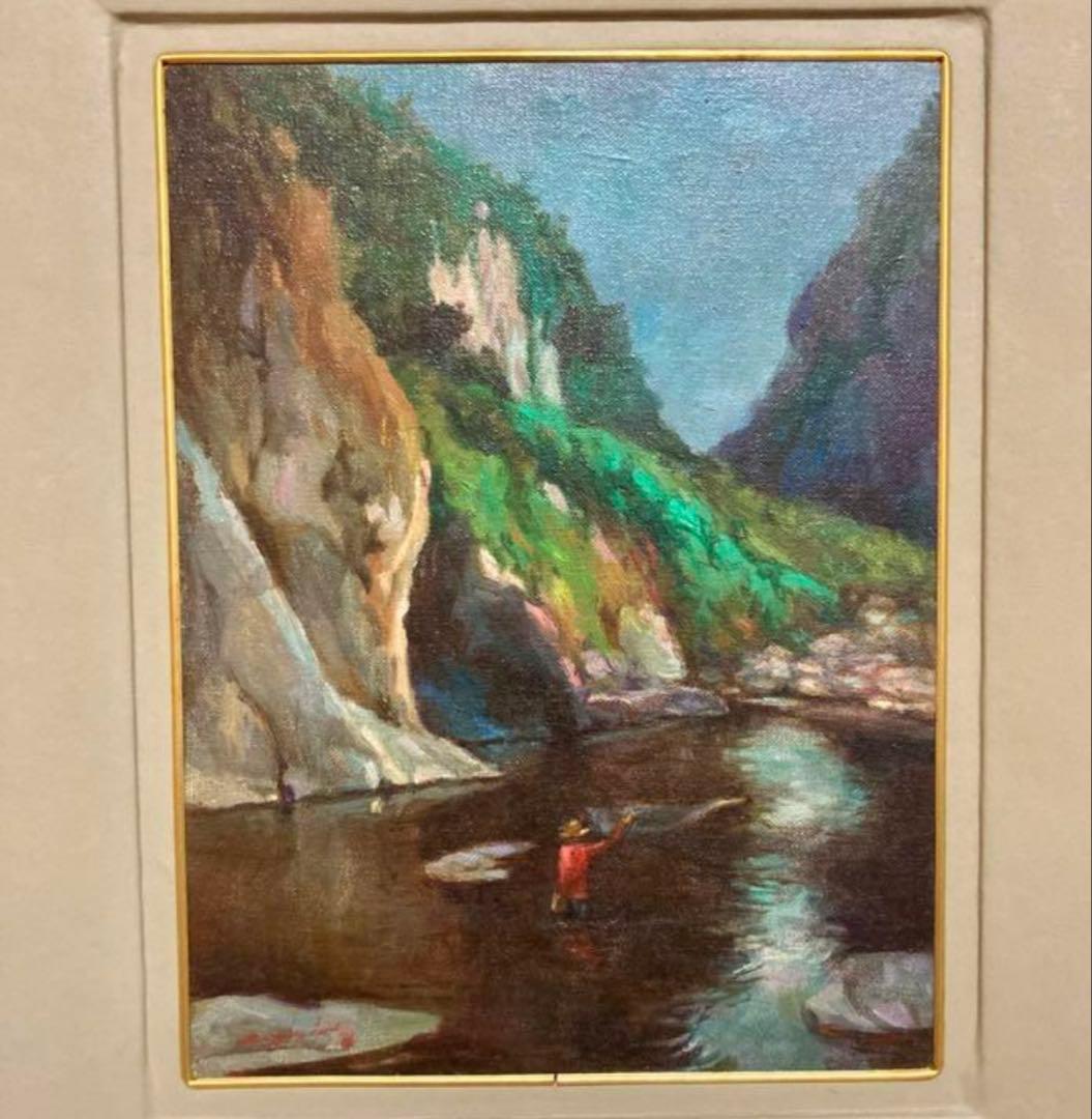 【一点物・油絵】渓谷で投網を打つ風景画 インテリアに最適