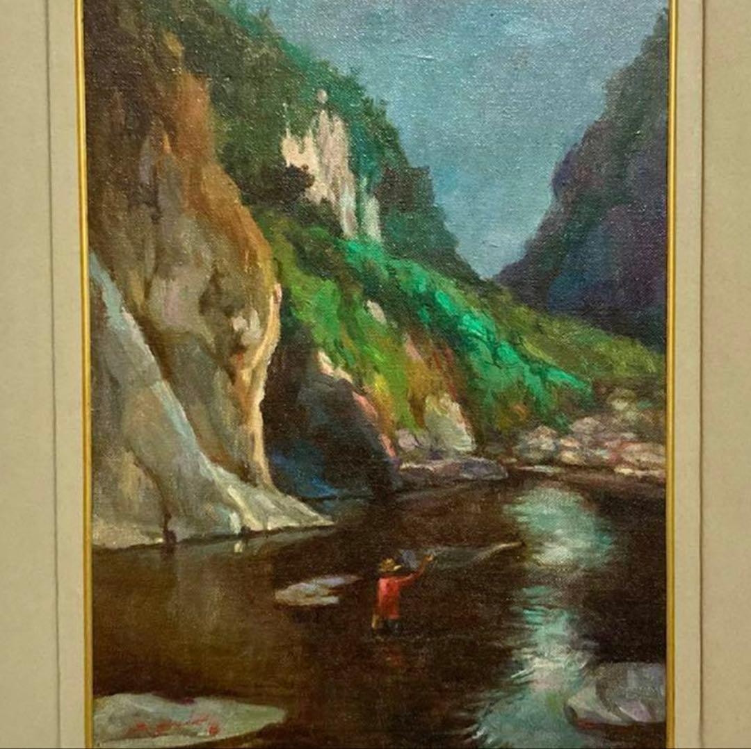 【一点物・油絵】渓谷で投網を打つ風景画 インテリアに最適