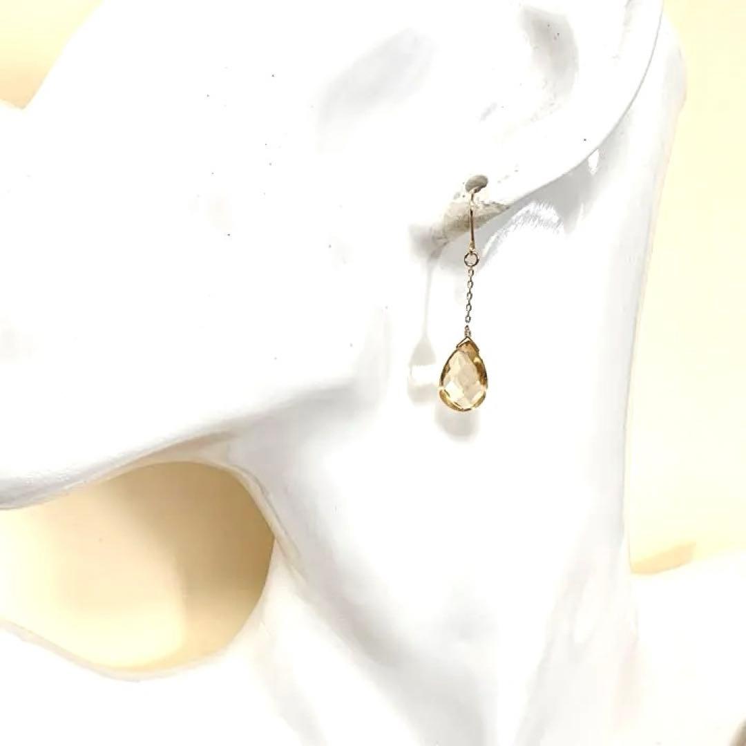 【Rtav】特価 K18ピアス 宝石質 シトリン ドロップ チェーンフックピアス