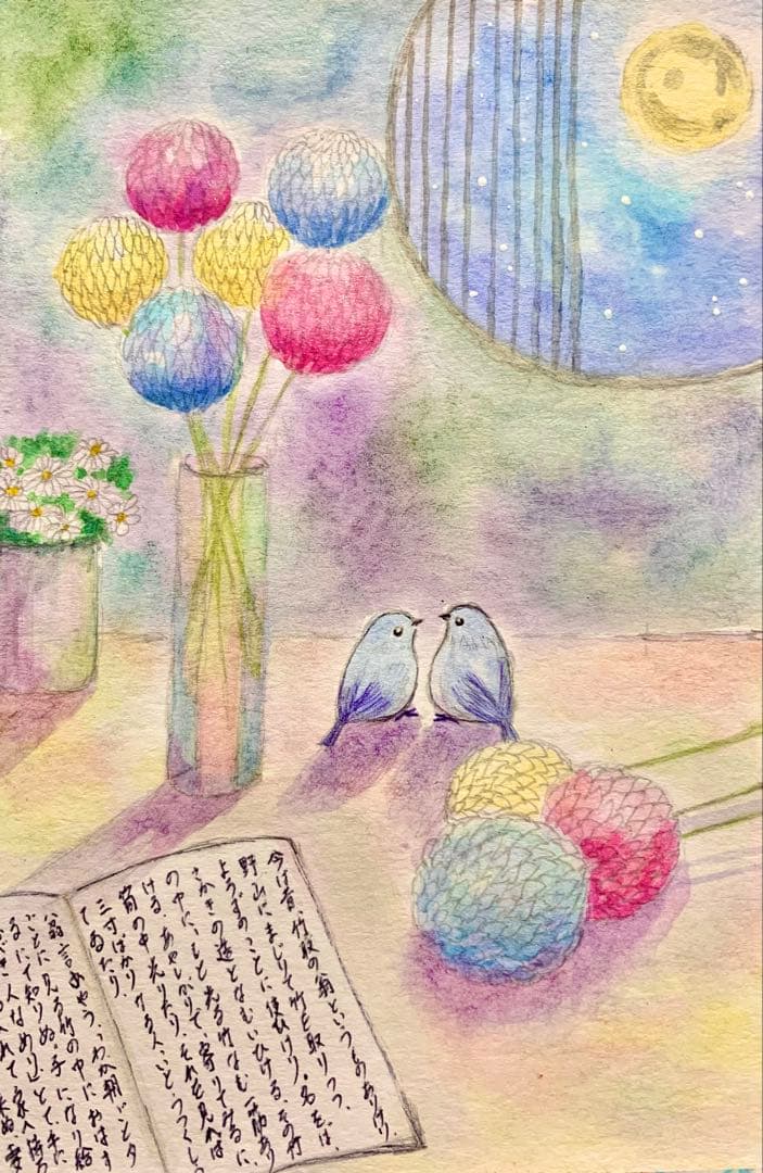 ♡たまみな♡水彩画 小鳥とぽんぽん菊　値段は※900円です
