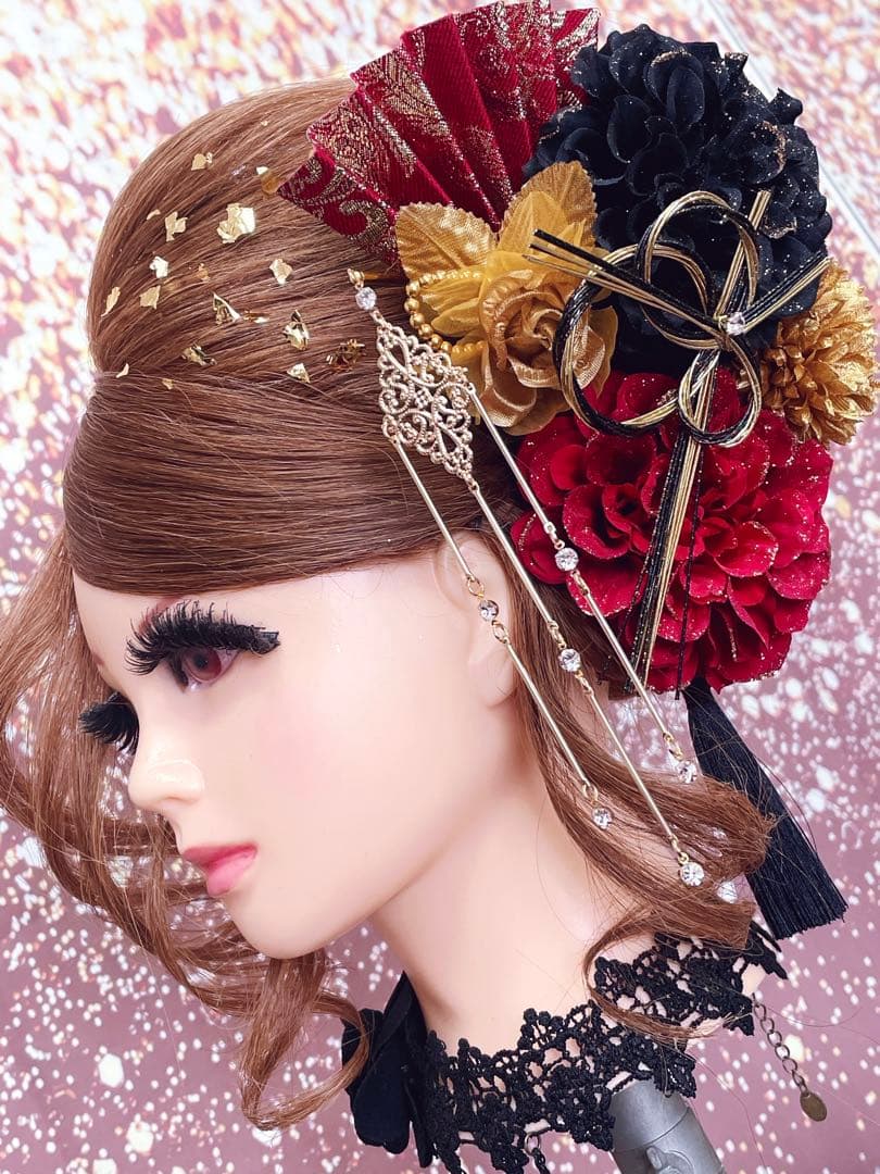 赤黒金★金箔シート 扇子 かんざし タッセル★結婚式 成人式 髪飾りセット 花魁