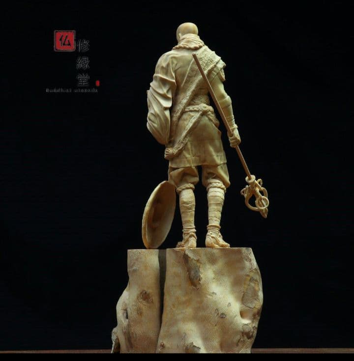 【修縁堂】木彫り 禅意 武僧立像 勝運置物 彫刻 仏教工芸 柘植材 仏師で仕上げ