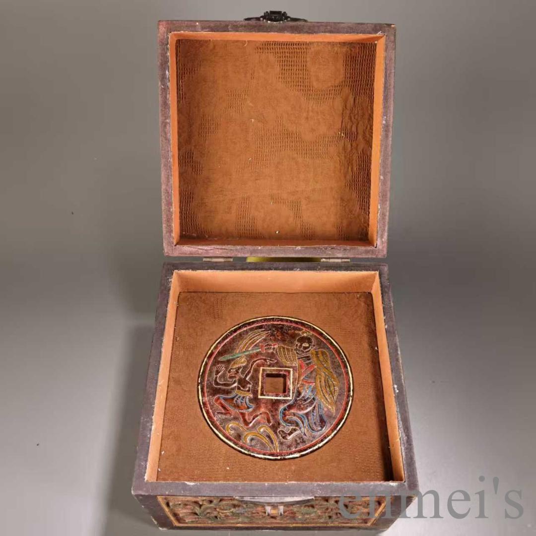 中国古美術 旧蔵『和田玉 玉璧玉牌』漆器共箱 高浮彫 彩絵描金 玉器 文房置物