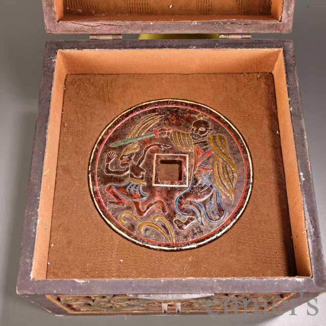 中国古美術 旧蔵『和田玉 玉璧玉牌』漆器共箱 高浮彫 彩絵描金 玉器 文房置物