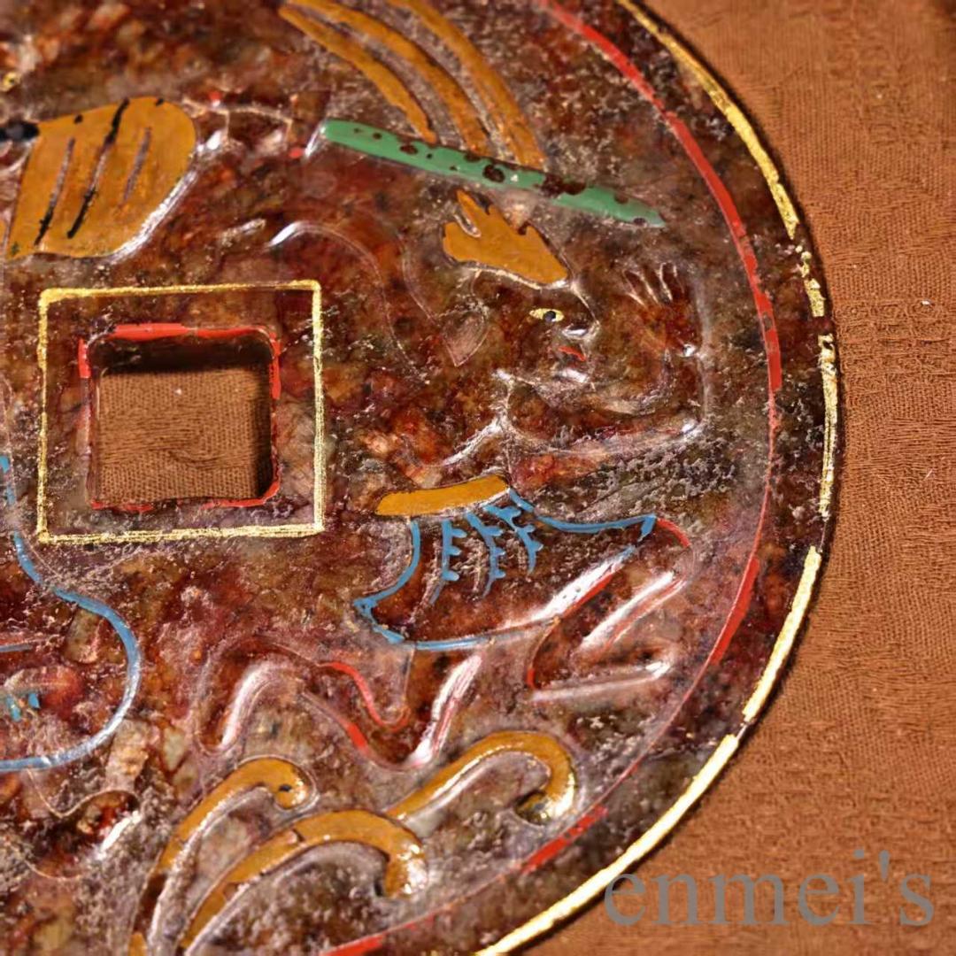 中国古美術 旧蔵『和田玉 玉璧玉牌』漆器共箱 高浮彫 彩絵描金 玉器 文房置物