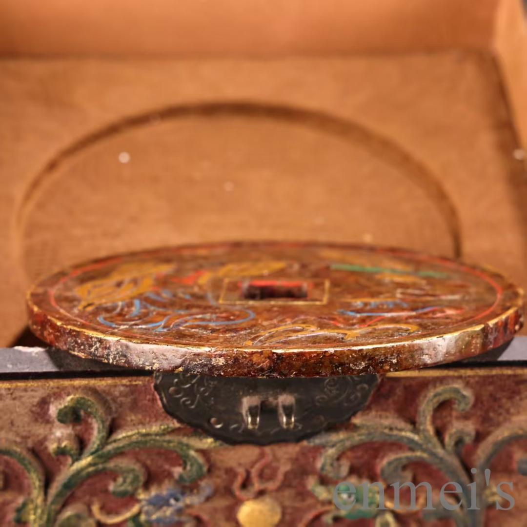 中国古美術 旧蔵『和田玉 玉璧玉牌』漆器共箱 高浮彫 彩絵描金 玉器 文房置物