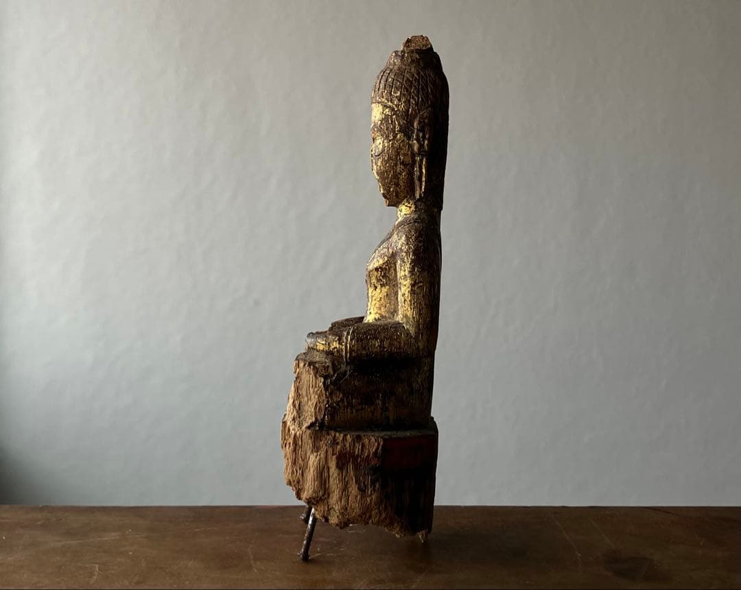 【おはよう仏 18〜19世紀頃 タイ北部 ランナー地方 木彫金箔坐仏】骨董仏像