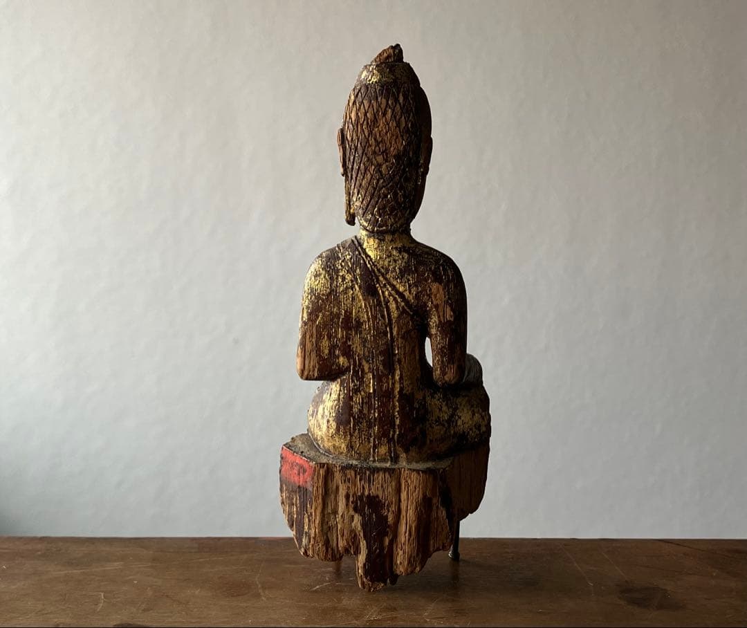 【おはよう仏 18〜19世紀頃 タイ北部 ランナー地方 木彫金箔坐仏】骨董仏像