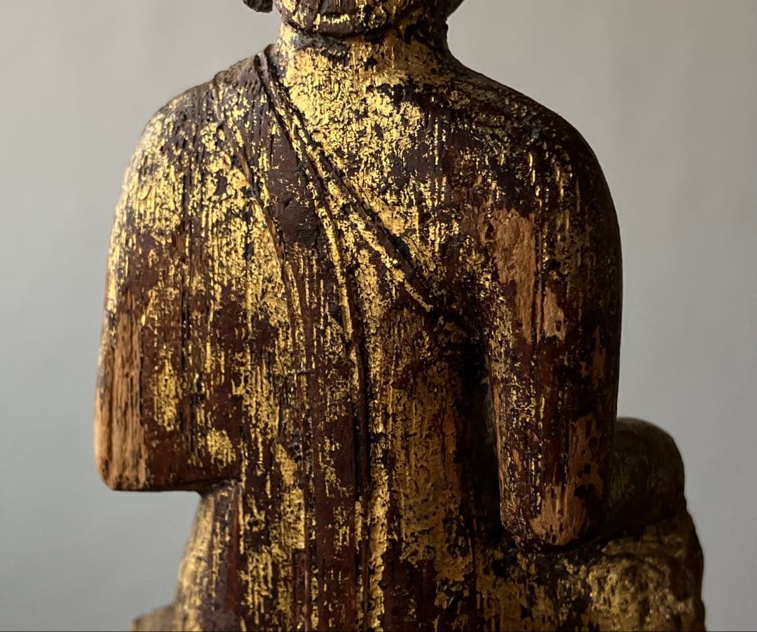 【おはよう仏 18〜19世紀頃 タイ北部 ランナー地方 木彫金箔坐仏】骨董仏像