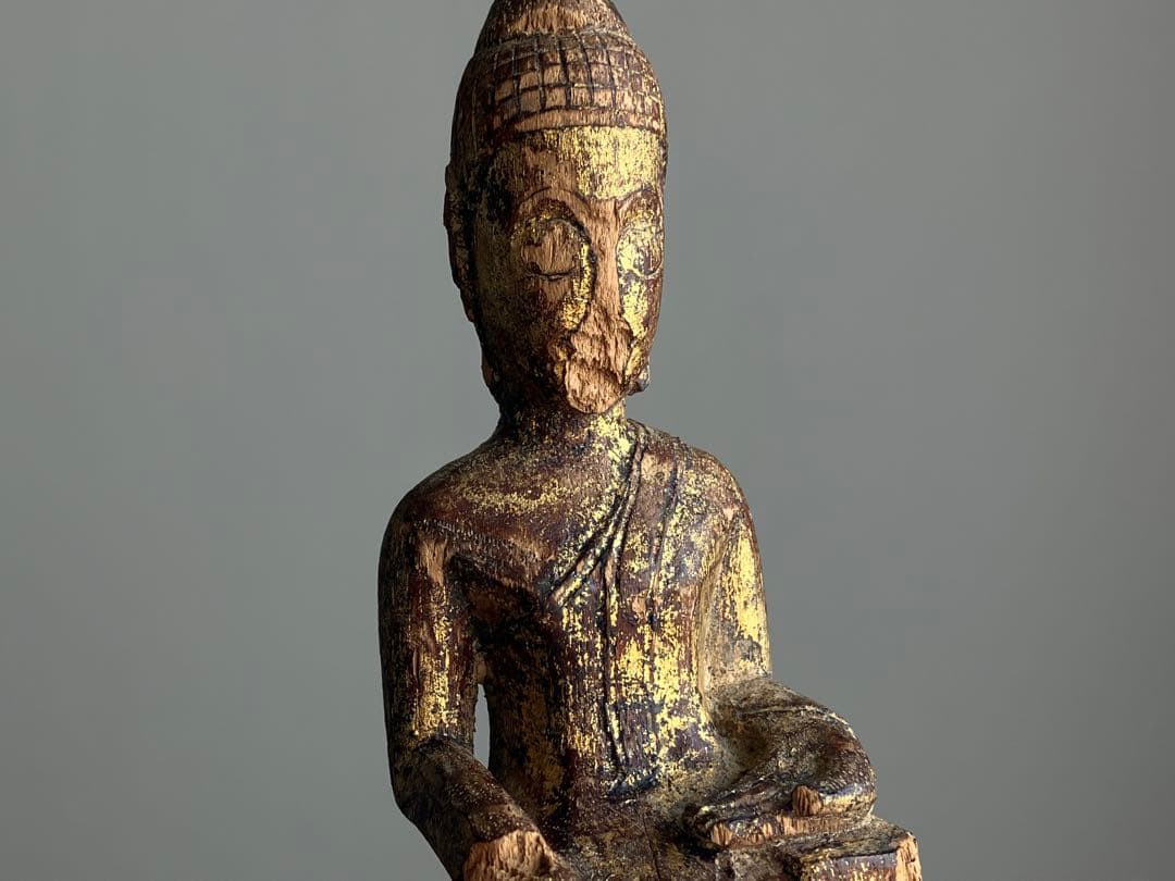 【おはよう仏 18〜19世紀頃 タイ北部 ランナー地方 木彫金箔坐仏】骨董仏像