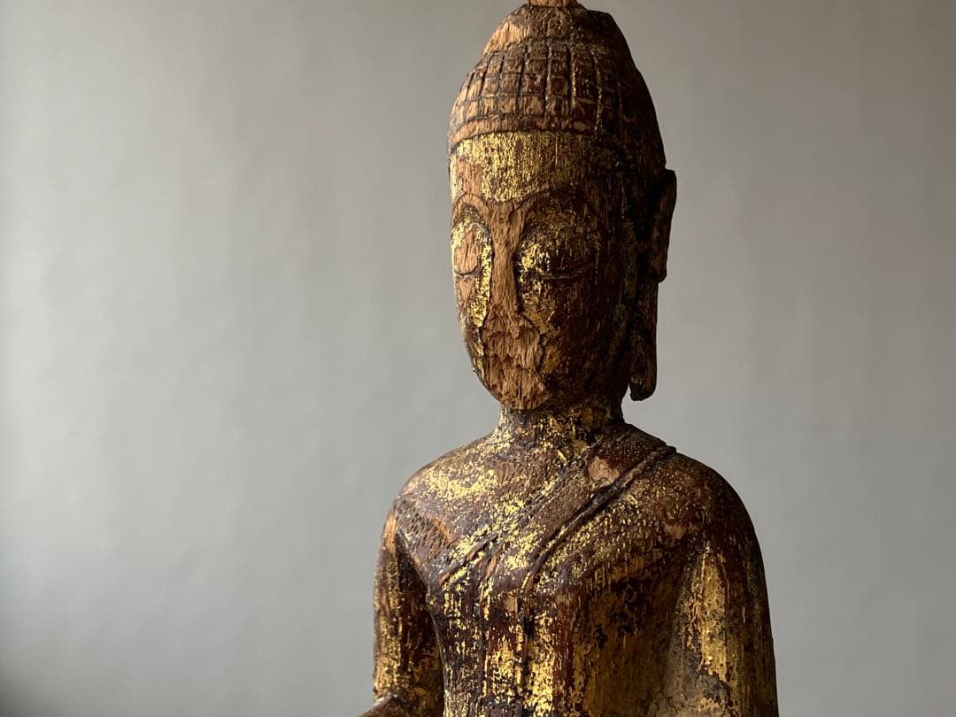 【おはよう仏 18〜19世紀頃 タイ北部 ランナー地方 木彫金箔坐仏】骨董仏像