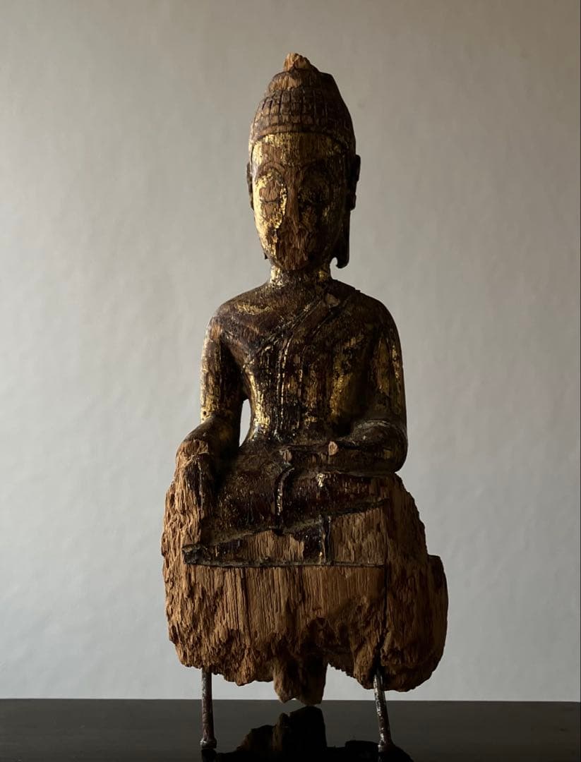 【おはよう仏 18〜19世紀頃 タイ北部 ランナー地方 木彫金箔坐仏】骨董仏像