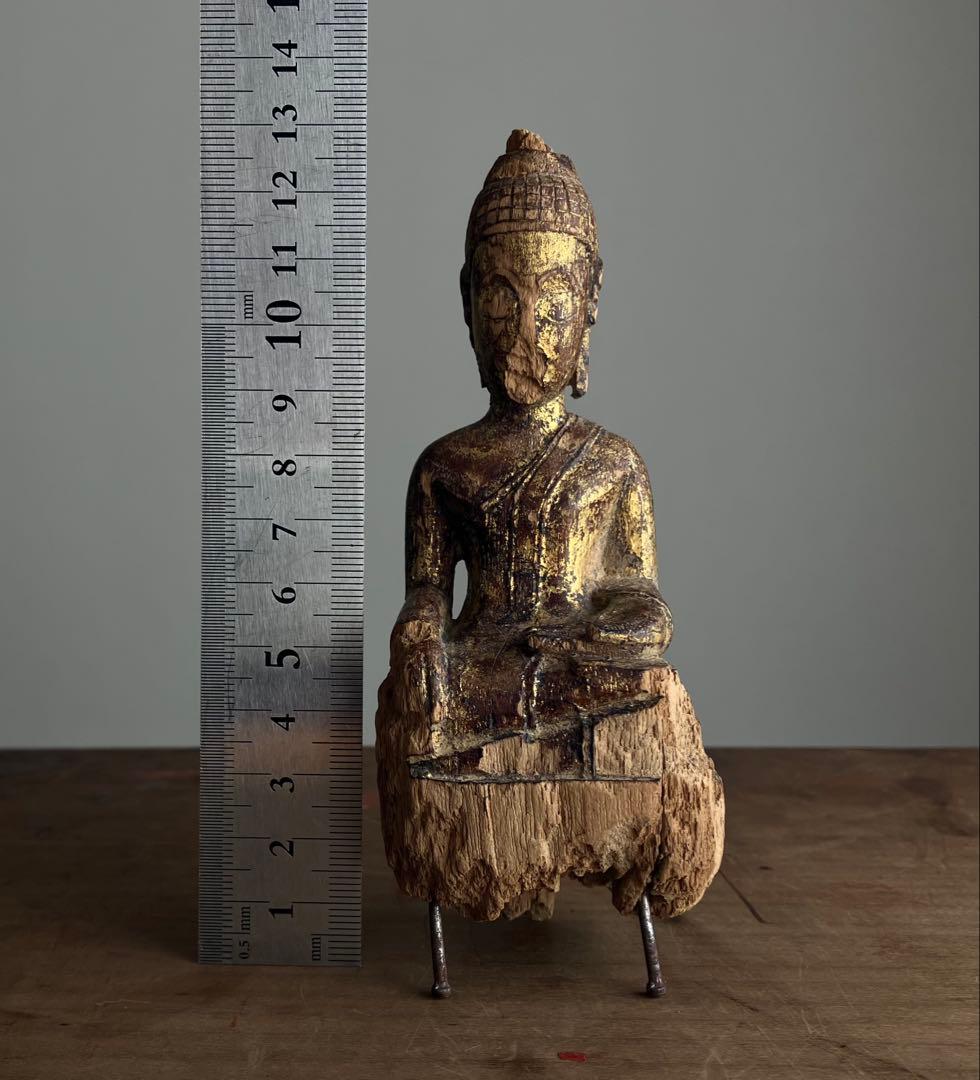【おはよう仏 18〜19世紀頃 タイ北部 ランナー地方 木彫金箔坐仏】骨董仏像