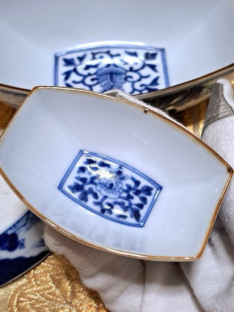 染付山水　正月　おせち料理　鉢　小鉢　舟形　高級　和食器　上品　変形皿