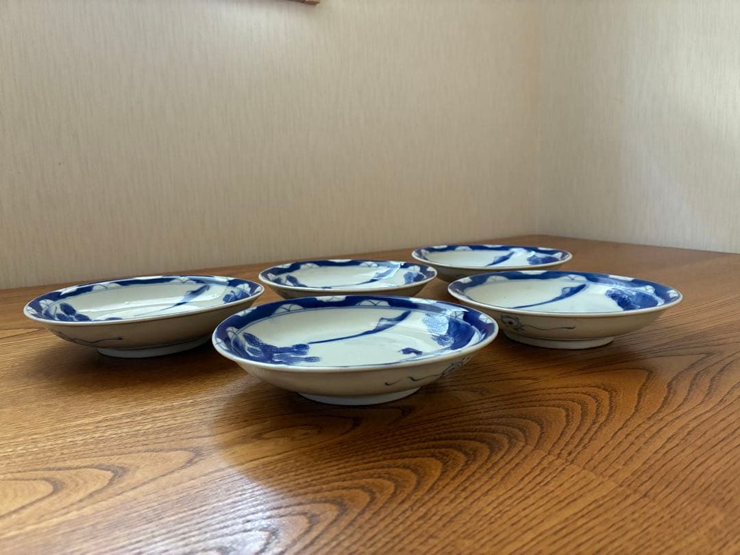 【141年前の古いお皿】明治骨董 中皿5枚セット 染付 なます皿