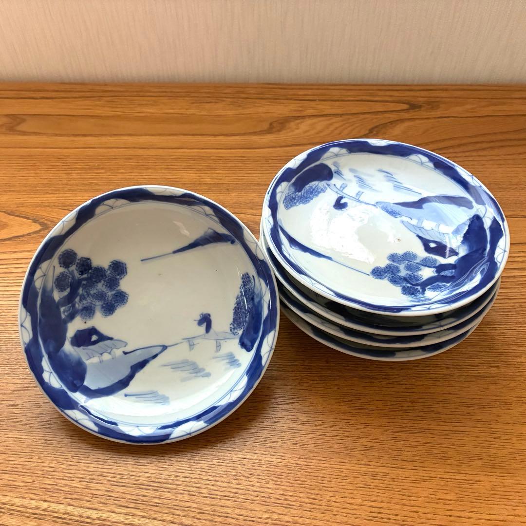 【141年前の古いお皿】明治骨董 中皿5枚セット 染付 なます皿