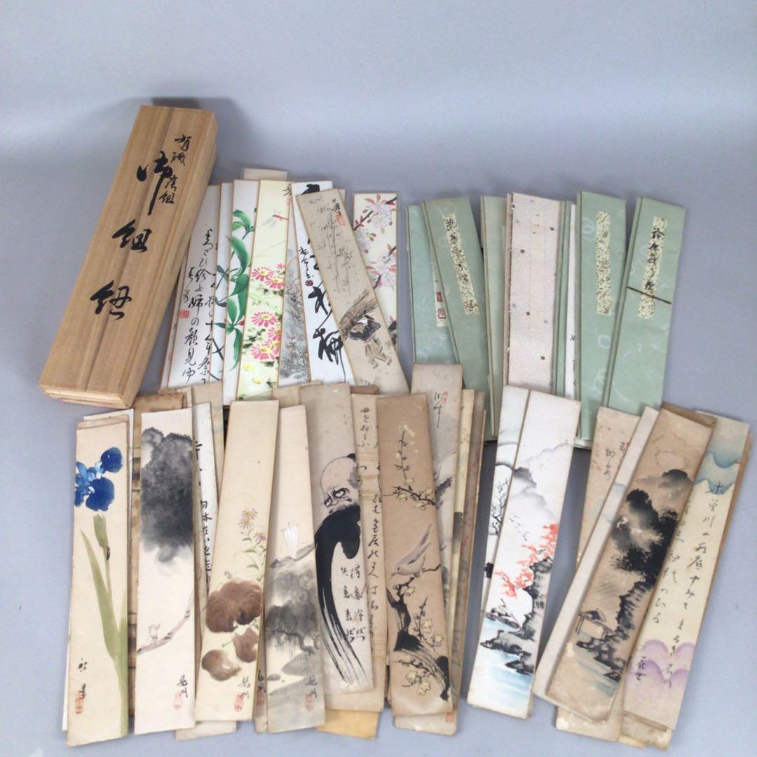 No4915 時代　短冊まとめて61枚　美人画　花鳥　山水　書　木箱　送料無料