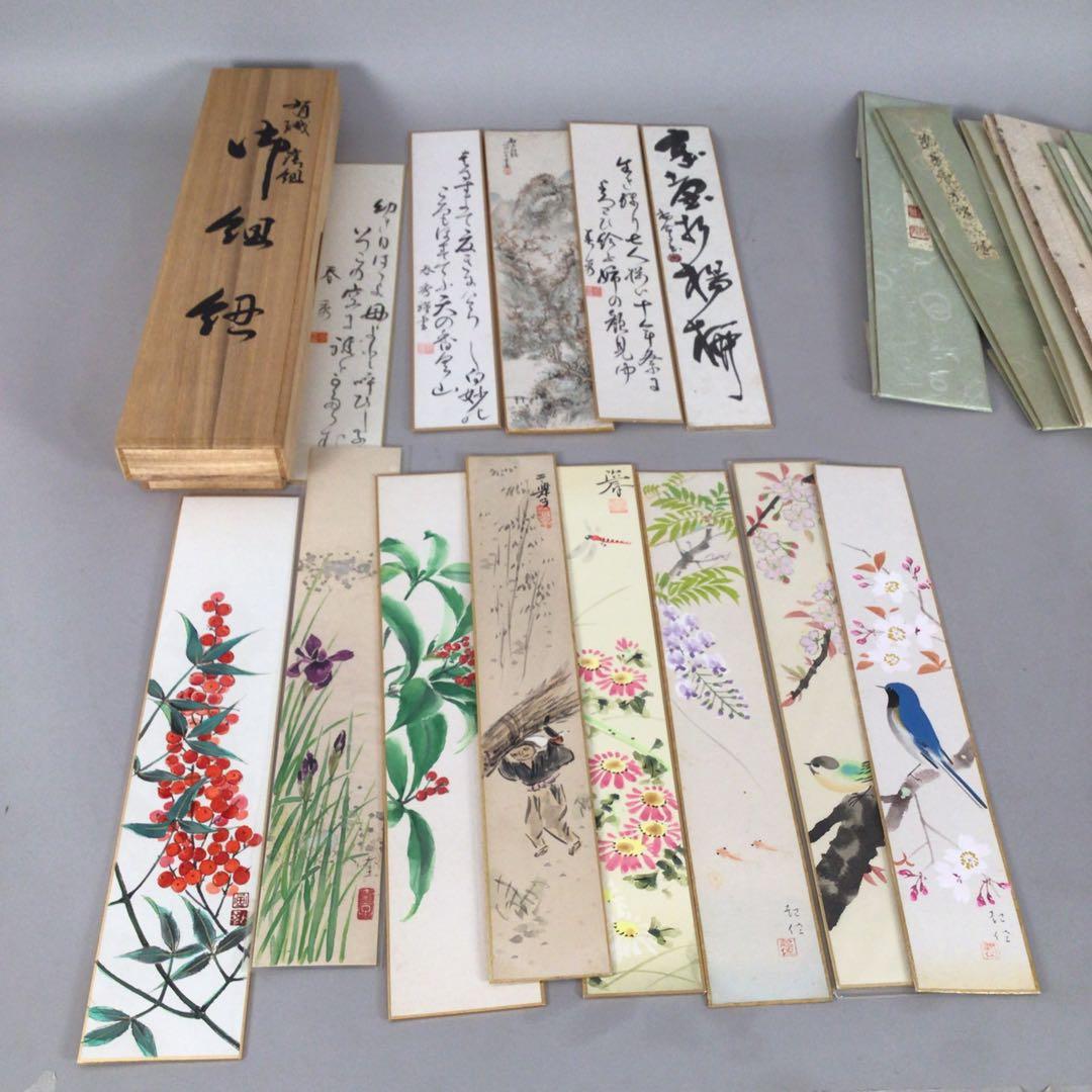 No4915 時代　短冊まとめて61枚　美人画　花鳥　山水　書　木箱　送料無料