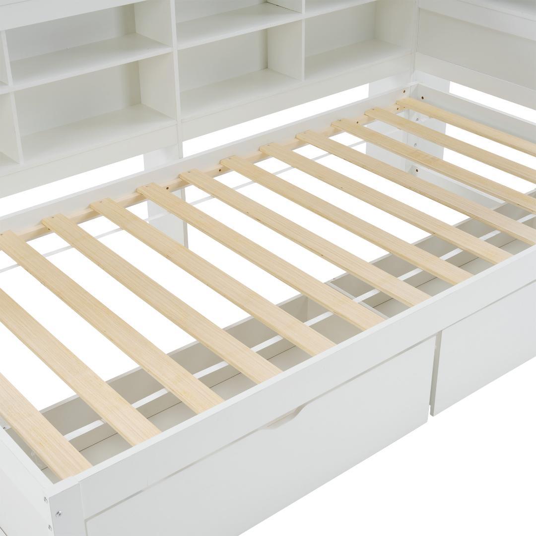 システムベッド　ラック・引き出し付き　収納に便利　通気性がいい　木製　WHITE