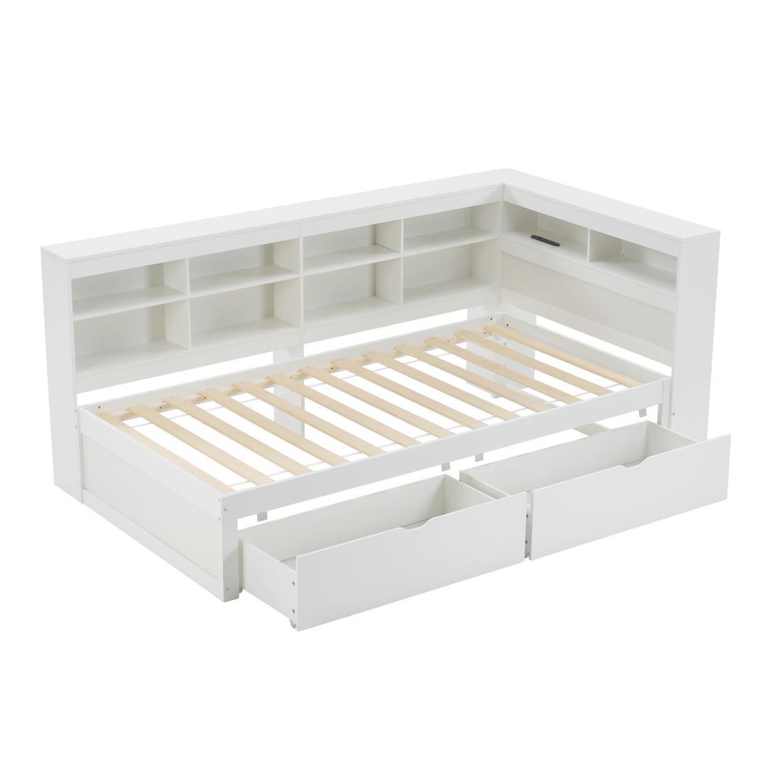 システムベッド　ラック・引き出し付き　収納に便利　通気性がいい　木製　WHITE