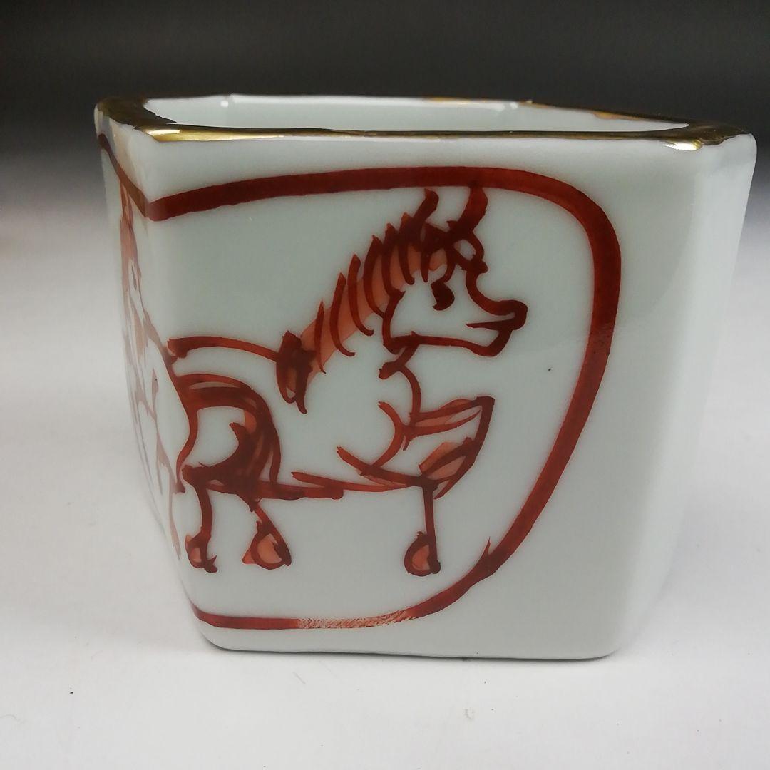 Ｗ３６７　蓋置　『赤絵　菱馬』『高野昭阿弥 造』　共箱　茶道具