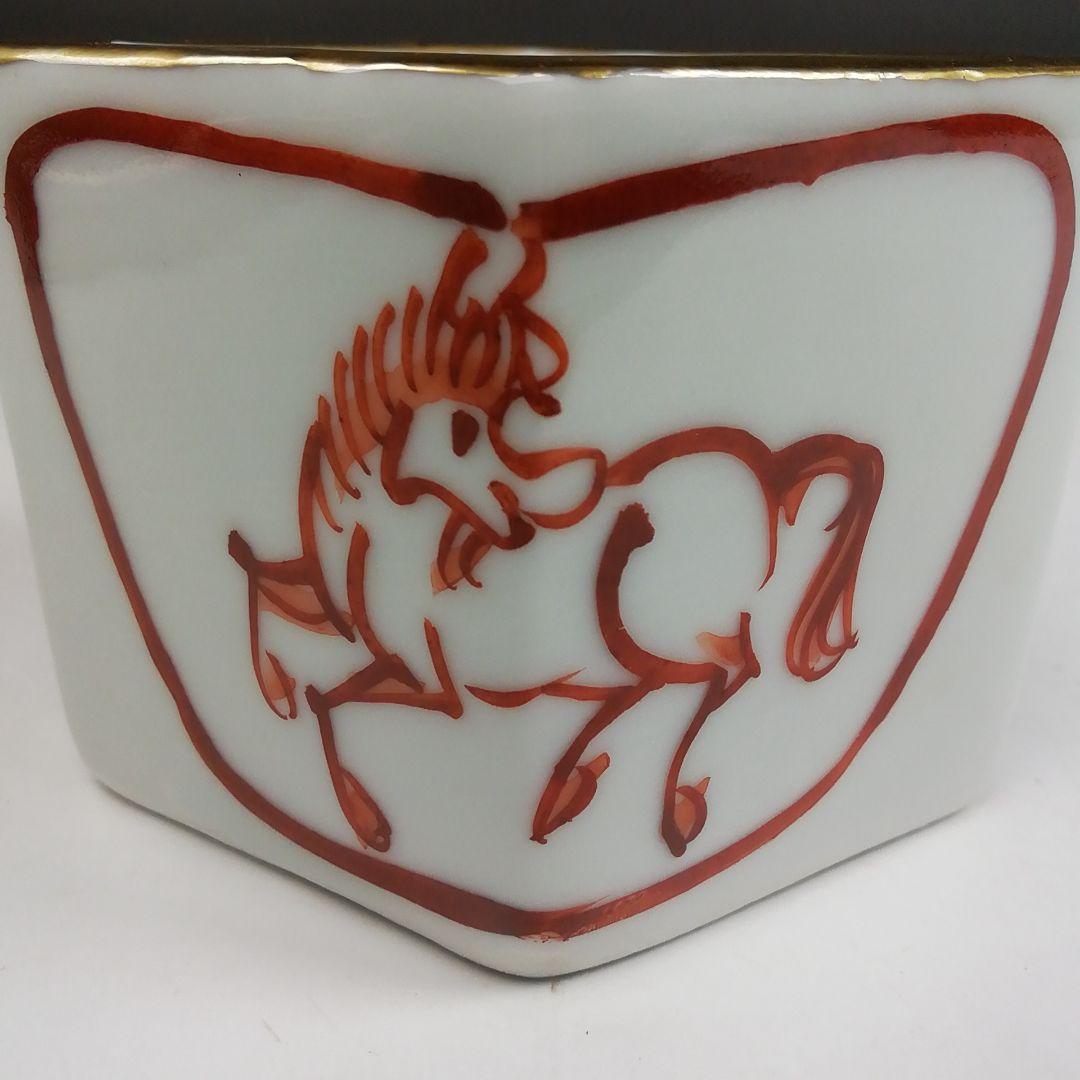 Ｗ３６７　蓋置　『赤絵　菱馬』『高野昭阿弥 造』　共箱　茶道具